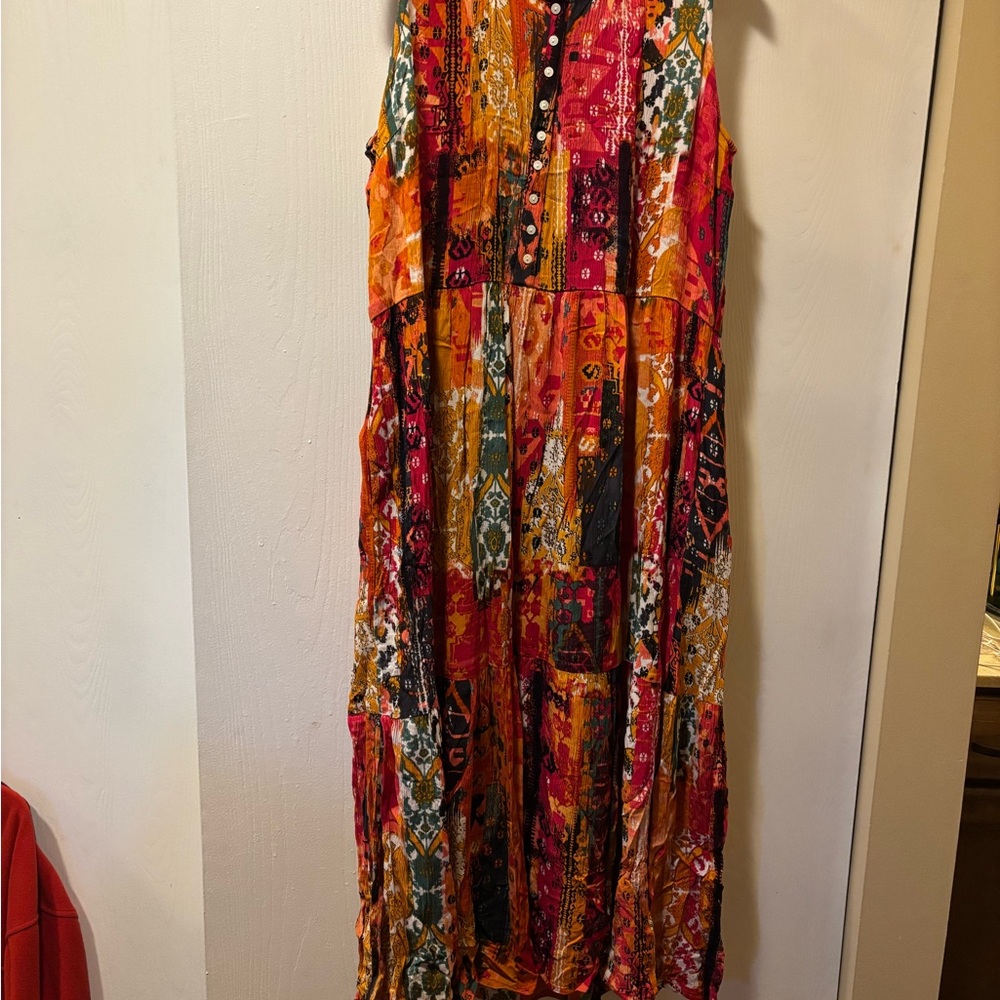 Coldwater Creek Patchwork Maxi Dress in Red, Orange & Green